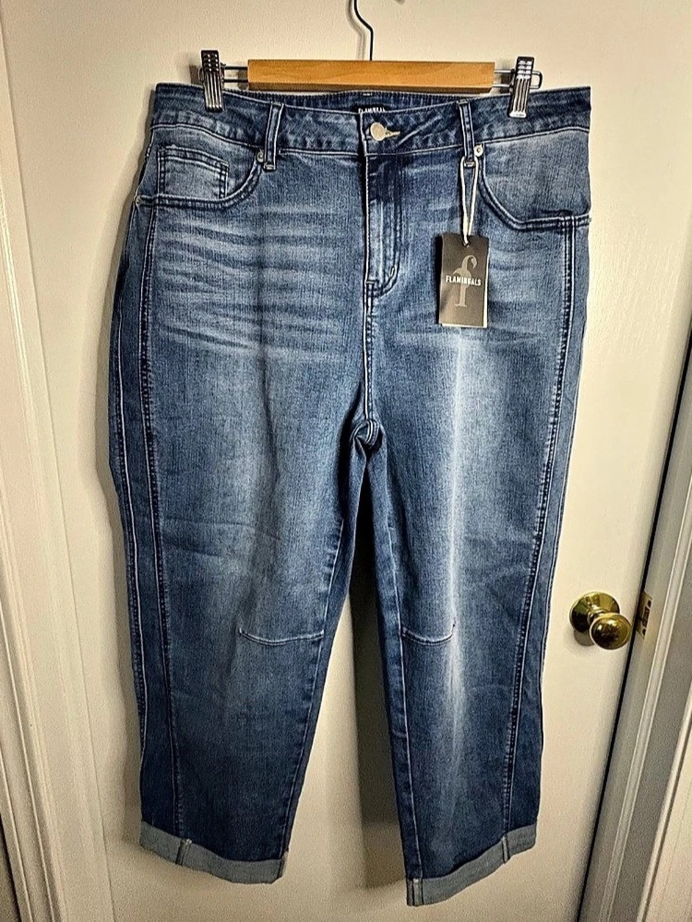 NWT Flamingals Sz 2XL Women's Barrel-Leg Denim Cropped Cuffed Jeans Classic Boho